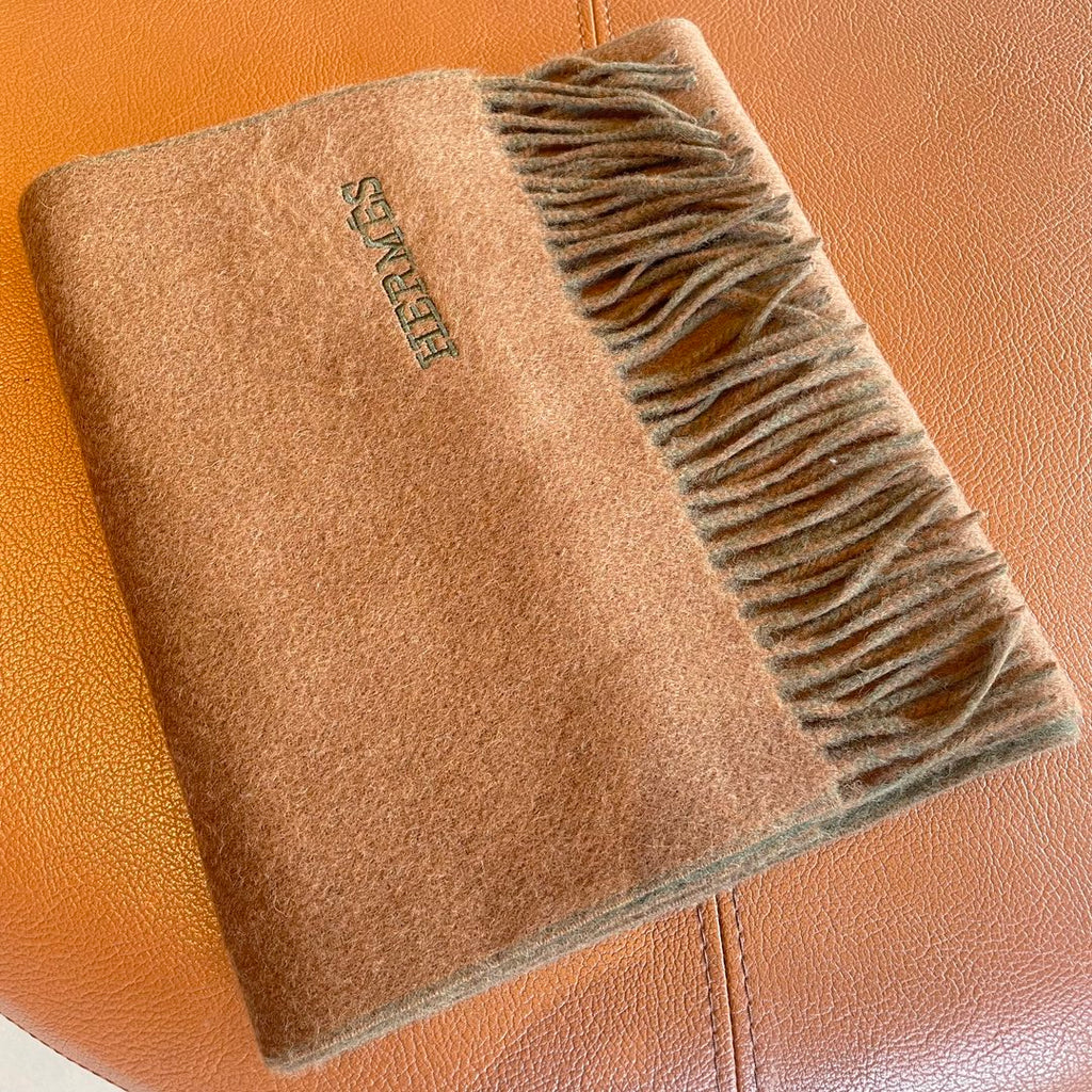 HERMES DOUBLE-FACE STOLE SCARF IN BURNT ORANGE MIX OLIVE GREEN CASERE 394462