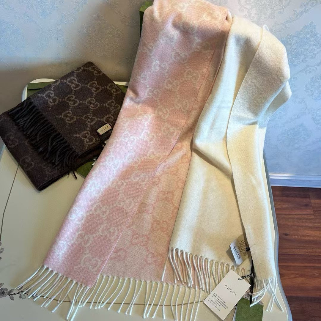 GUCCI SCARF 200 CM LIGHT PINK AND IVORY CASHMERE JACQUARD 405134