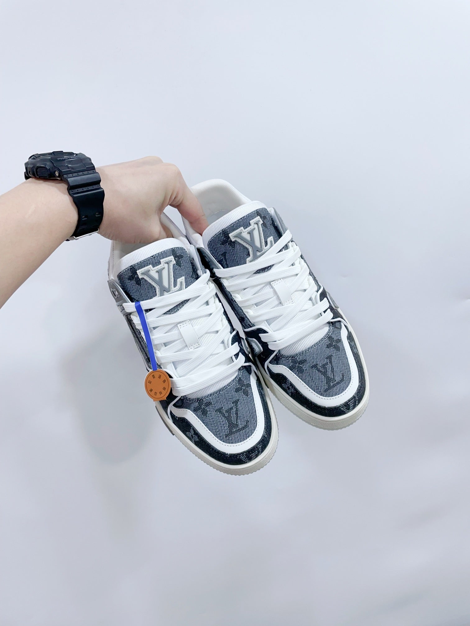 LOUIS VUITTON LV TRAINER SNEAKER IN DOVE GRAY MONOGRAM DENIM