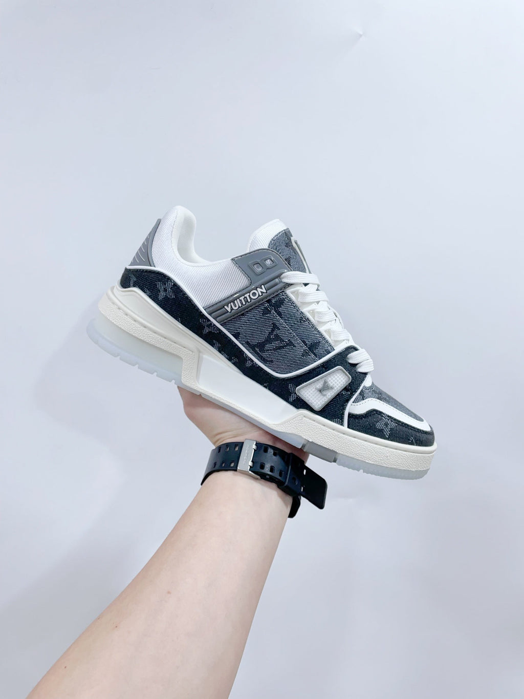 LOUIS VUITTON LV TRAINER SNEAKER IN DOVE GRAY MONOGRAM DENIM