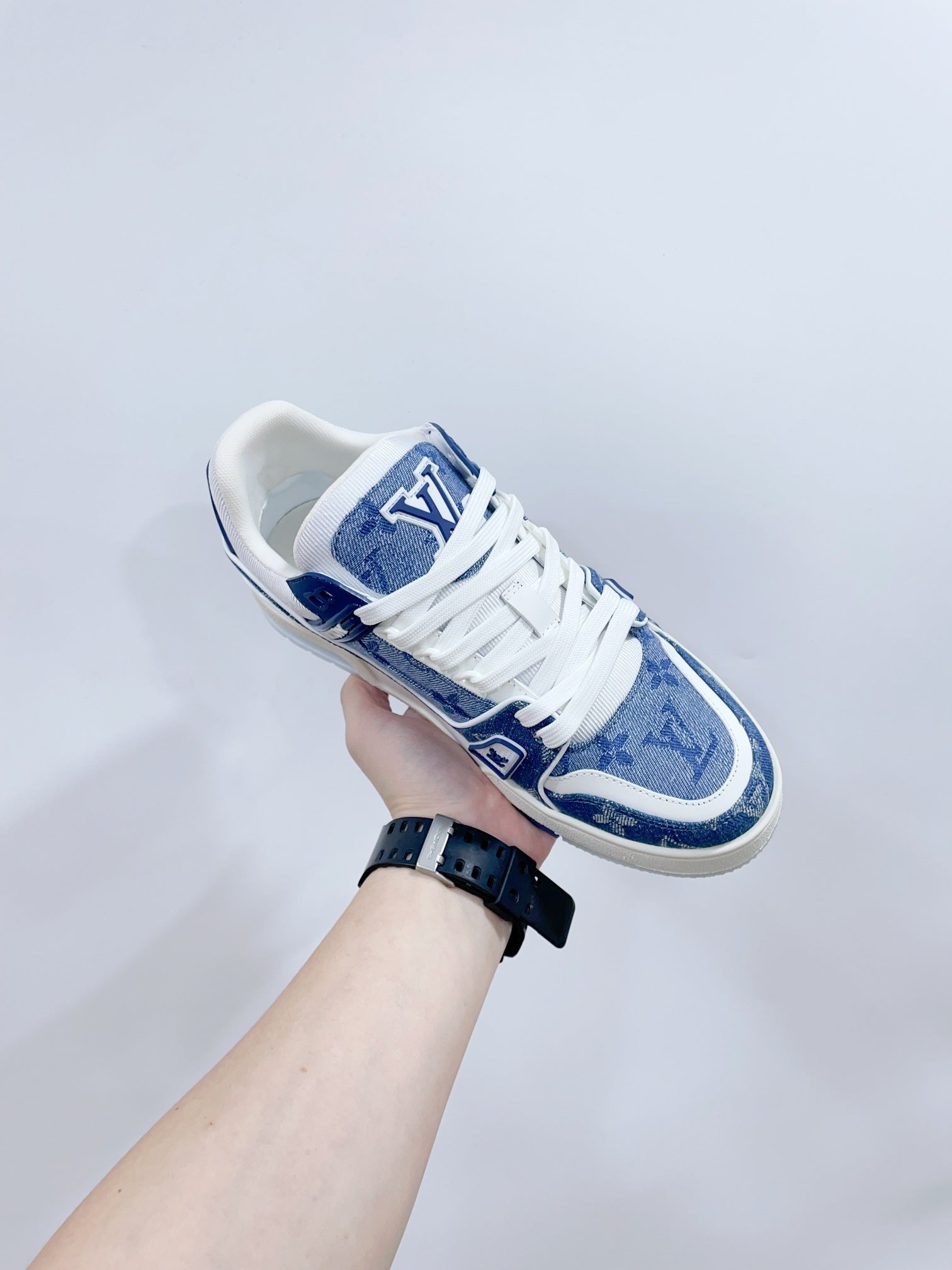 LOUIS VUITTON LV TRAINER SNEAKER IN CERULEAN BLUE MONOGRAM DENIM
