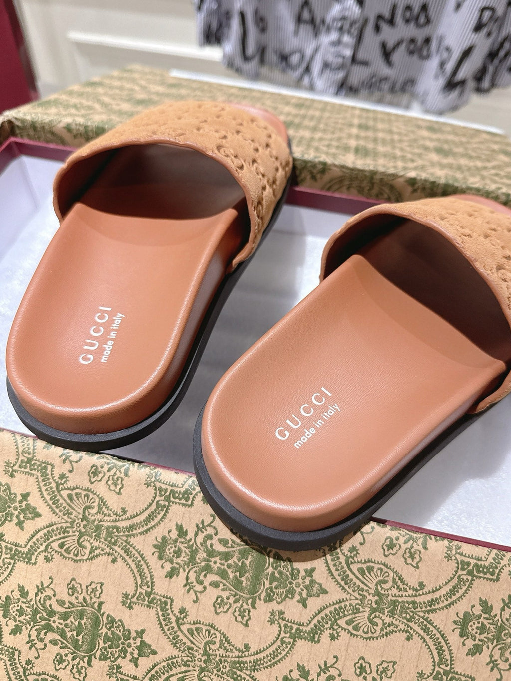 GUCCI SLIDES IN BURNT ORANGE SUEDE WITH EMBOSSED LOGO STYLE 5
