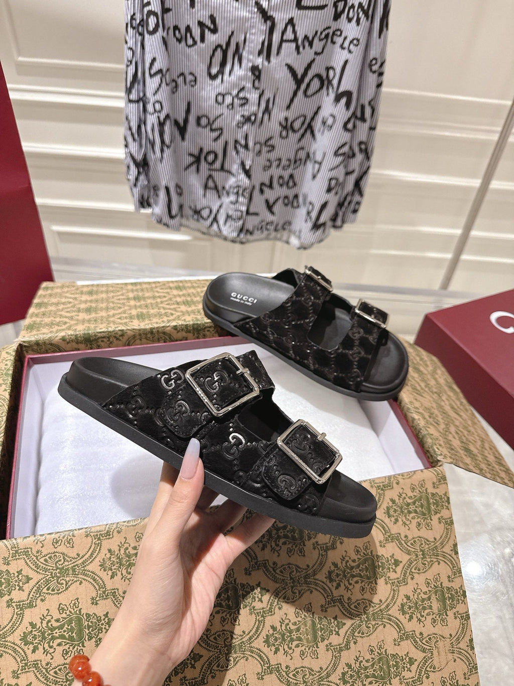 GUCCI SANDALS IN BLACK SUEDE EMBOSSED LOGO SILVER HARDWARE