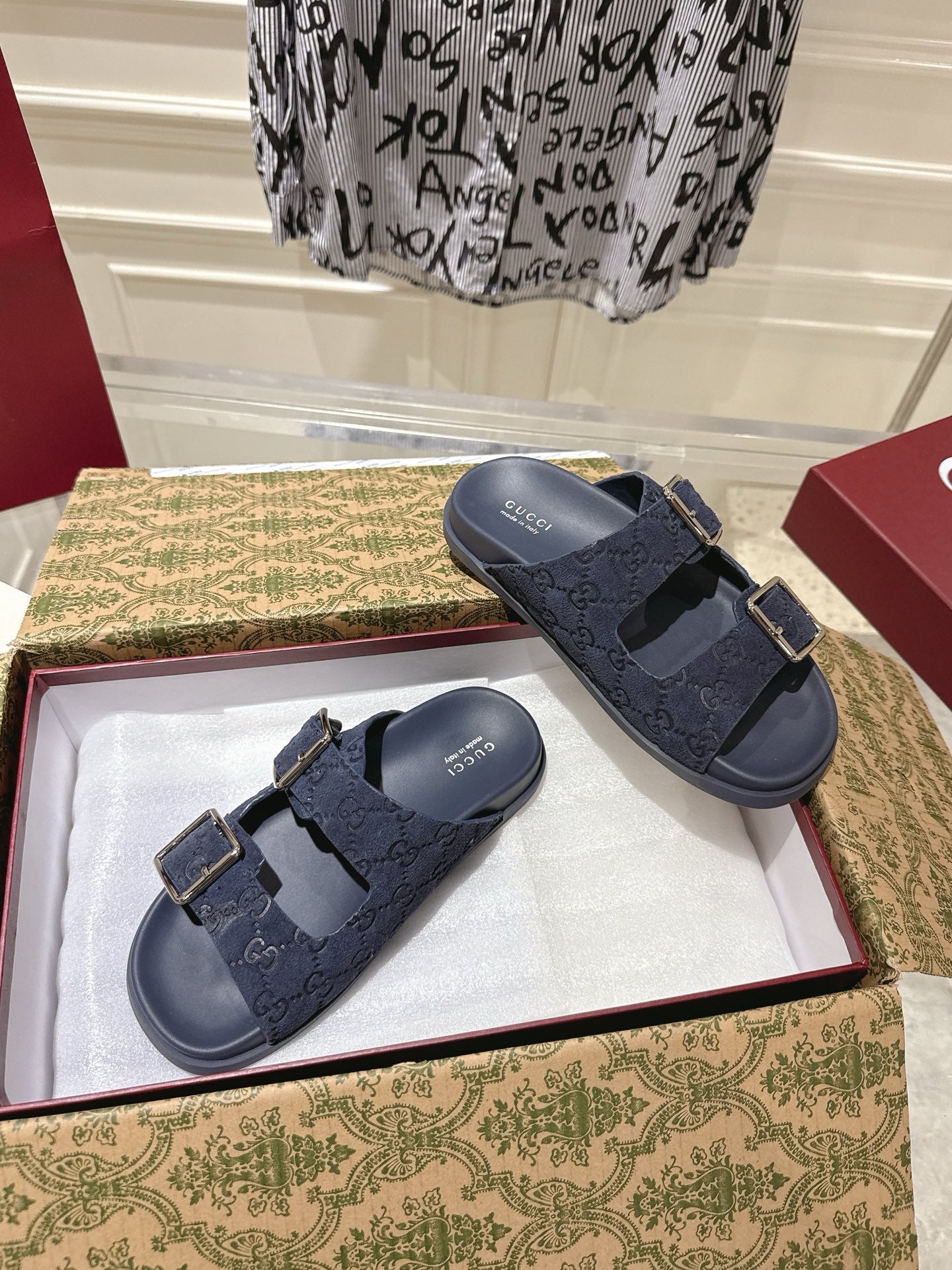 GUCCI SANDALS IN NAVY BLUE SUEDE EMBOSSED LOGO SILVER HARDWARE