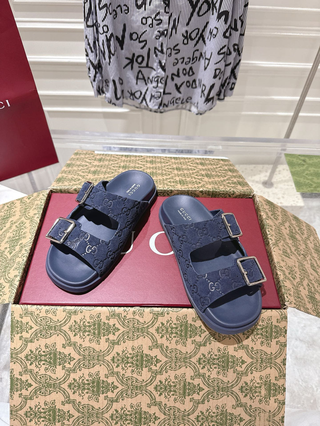 GUCCI SANDALS IN NAVY BLUE SUEDE EMBOSSED LOGO SILVER HARDWARE