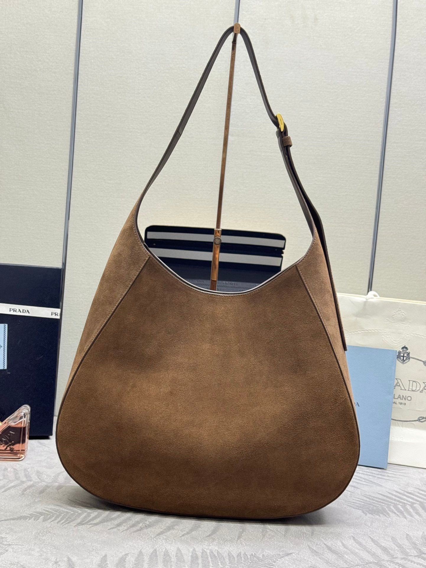 PRADA LARGE SHOULDER BAG 40 IN RUSSET BROWN SUEDE