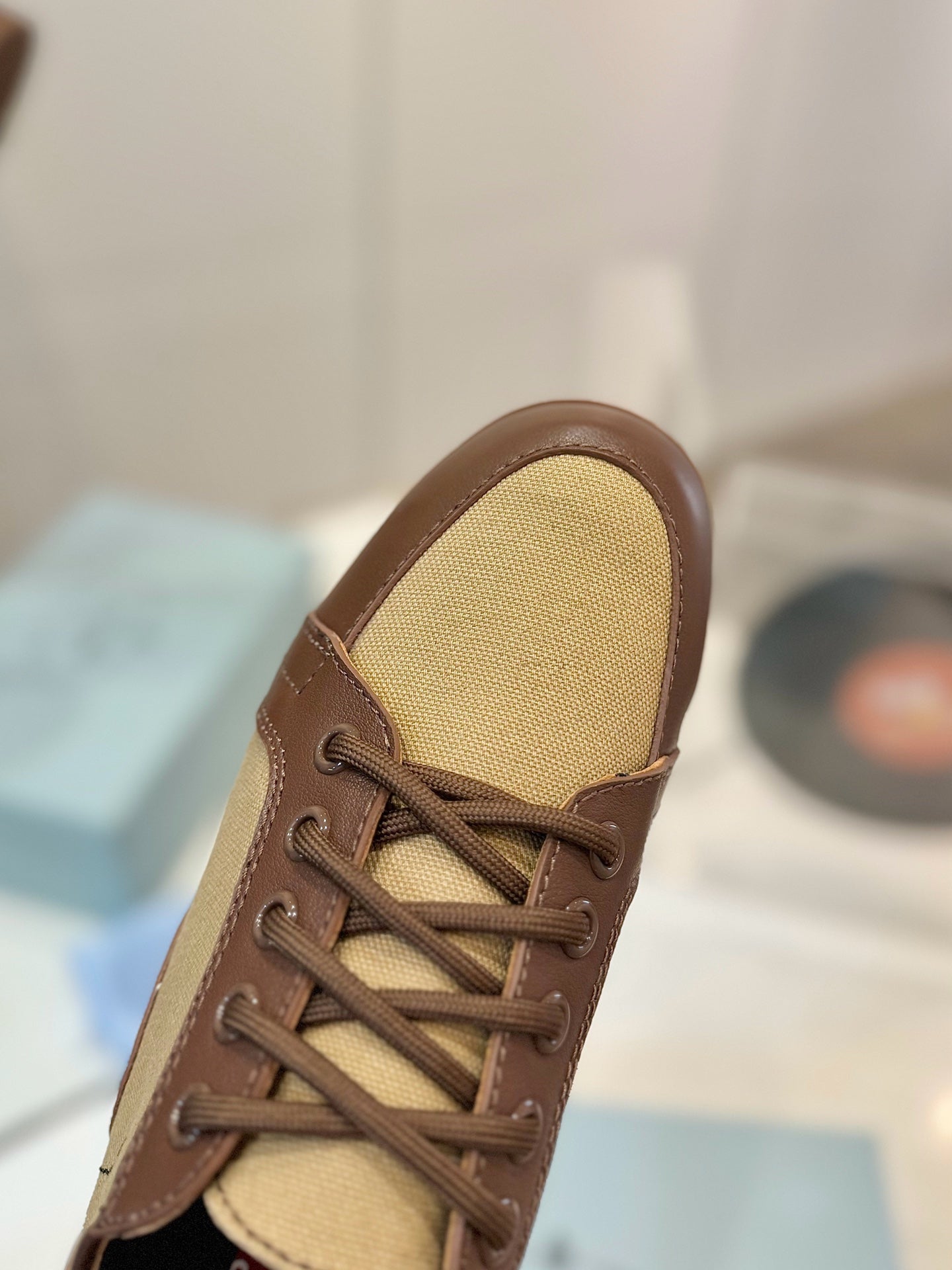 PRADA SNEAKERS IN BROWN LAMBSKIN AND BEIGE CANVAS
