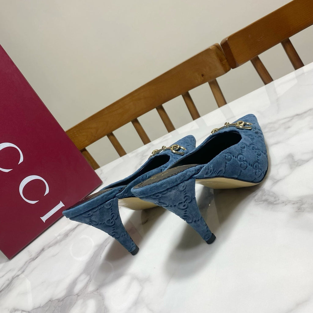 GUCCI 26S HEELED MULES 85 MM IN BLUE SUEDE