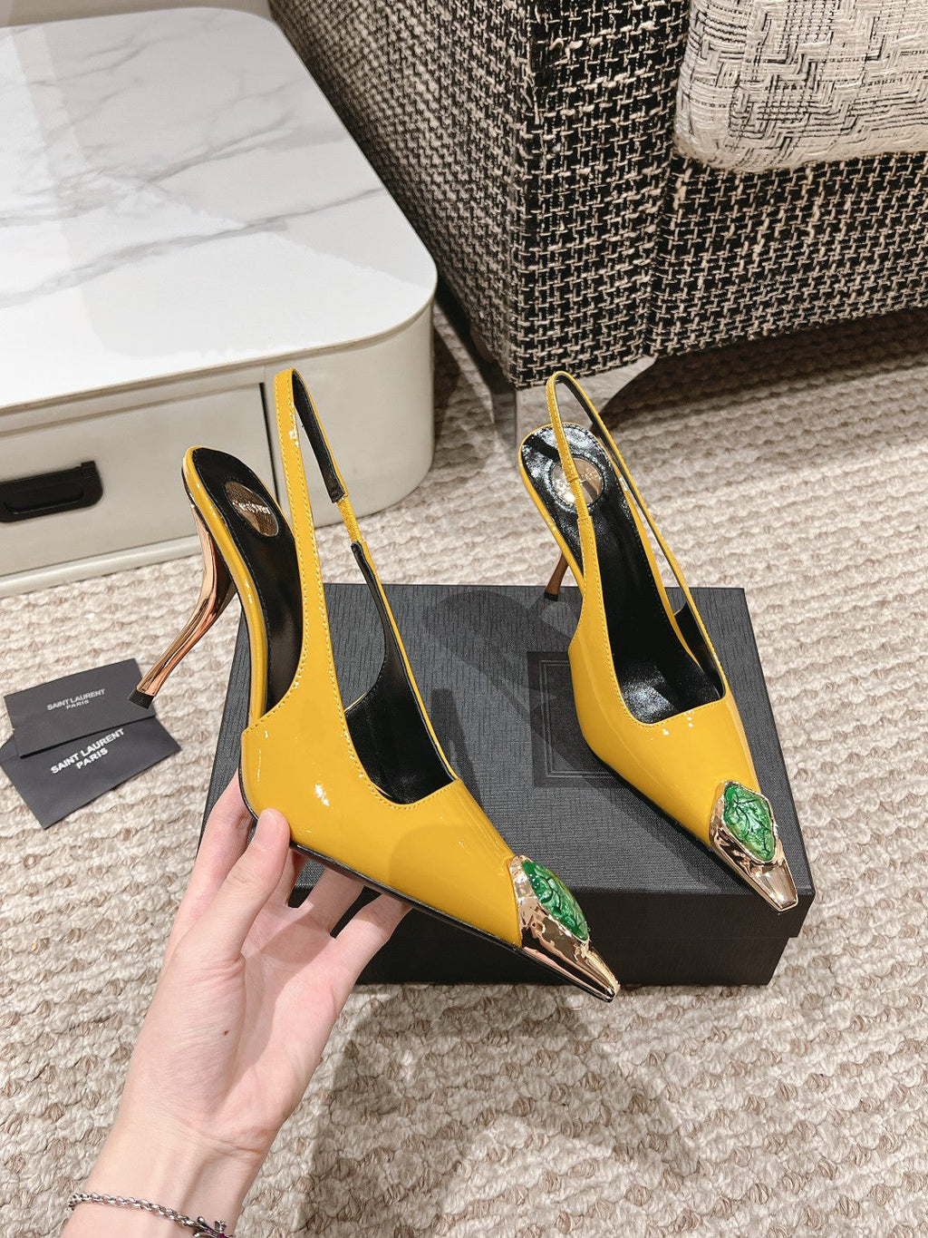 LOUIS VUITTON DUNE HIGH 10 CM SLINGBACK PUMPS IN CLASSIC YELLOW PATENT LEATHER WITH CRYSTAL