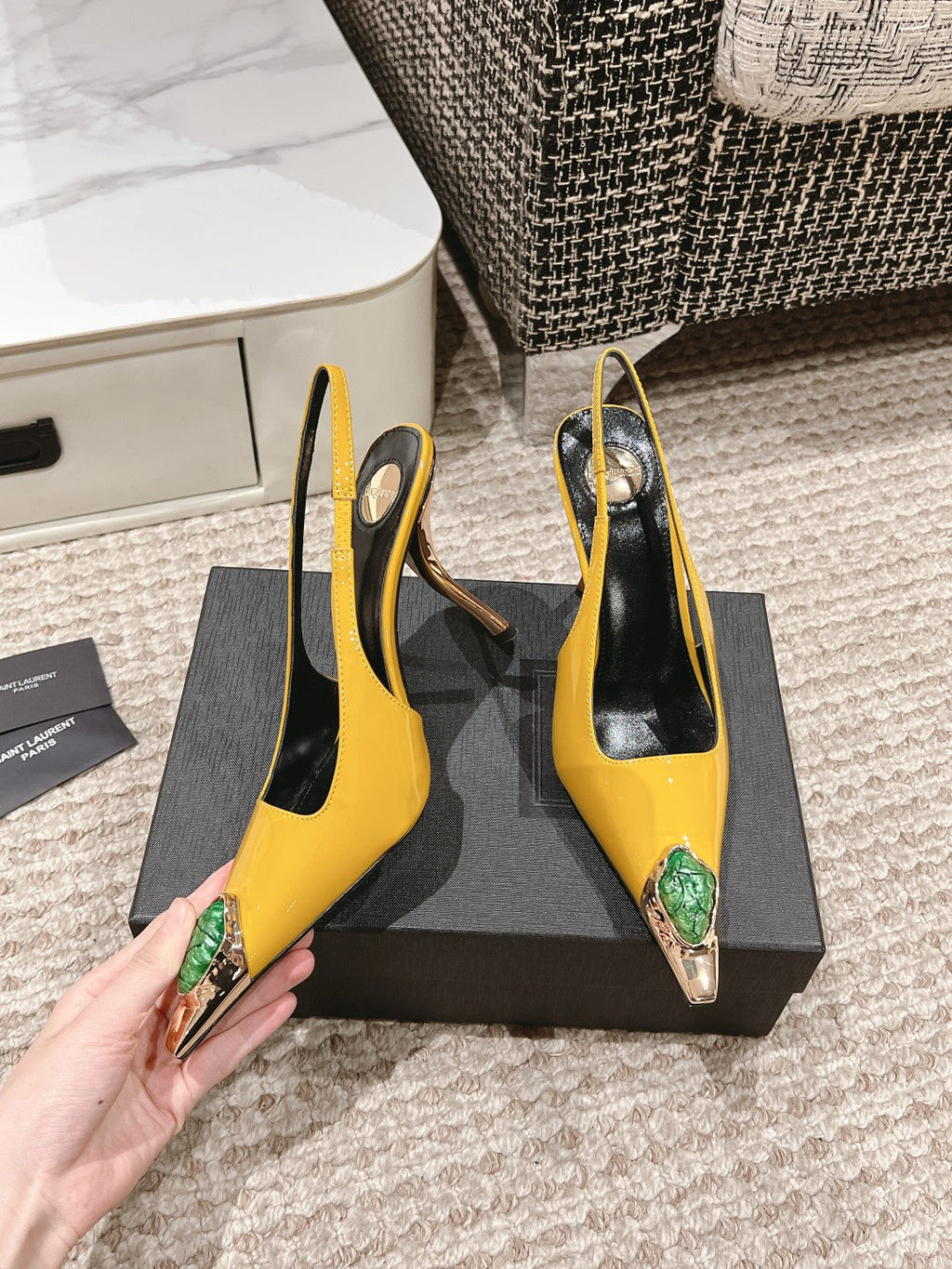 LOUIS VUITTON DUNE HIGH 10 CM SLINGBACK PUMPS IN CLASSIC YELLOW PATENT LEATHER WITH CRYSTAL