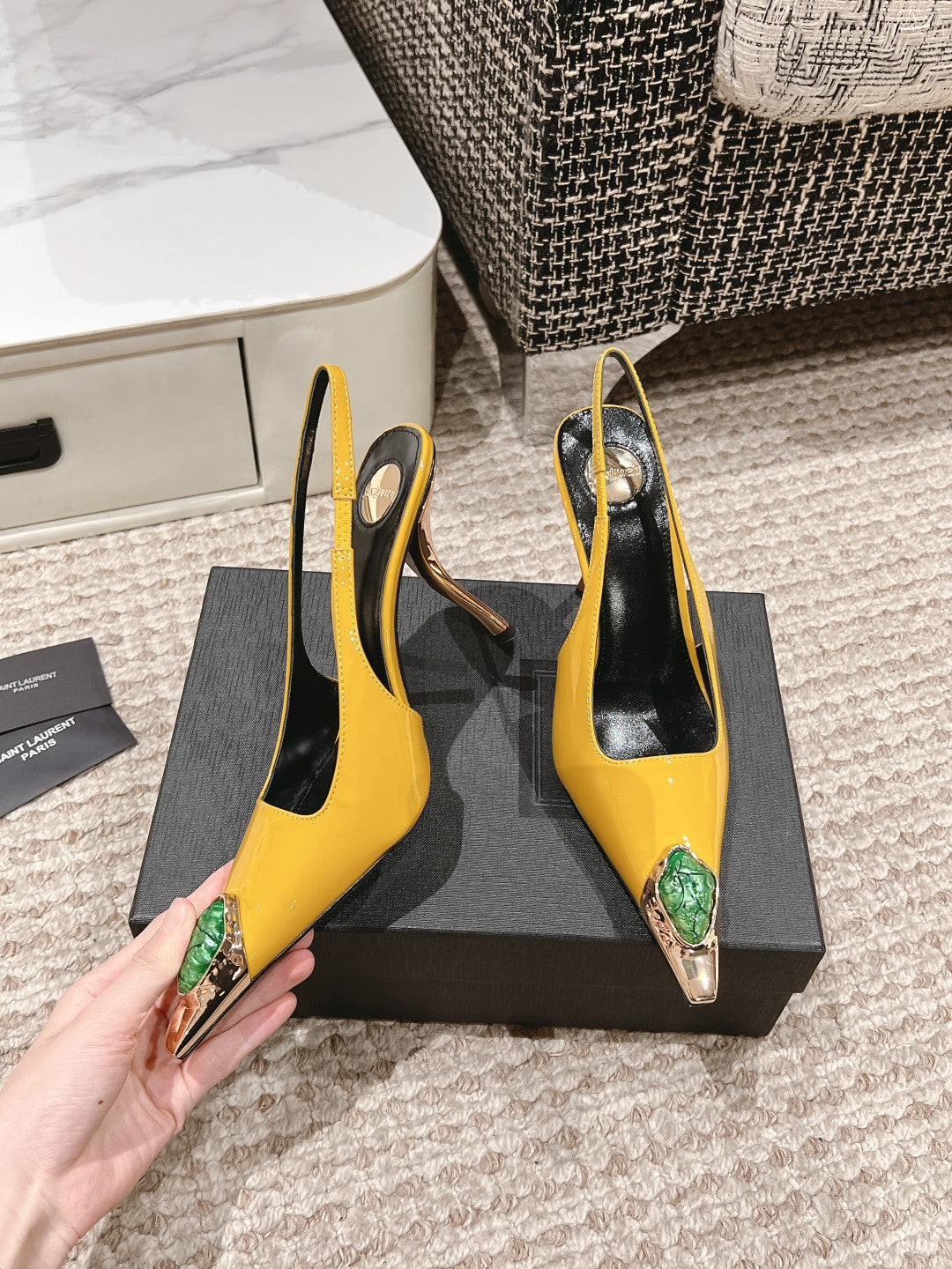 LOUIS VUITTON DUNE HIGH 10 CM SLINGBACK PUMPS IN CLASSIC YELLOW PATENT LEATHER WITH CRYSTAL