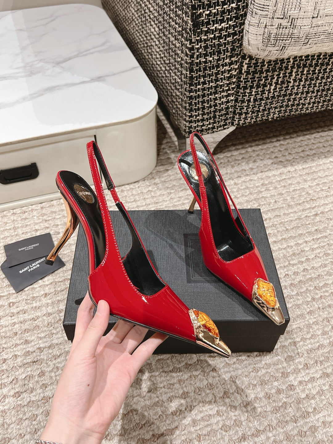 LOUIS VUITTON DUNE HIGH 10 CM SLINGBACK PUMPS IN RUBY RED PATENT LEATHER WITH CRYSTAL