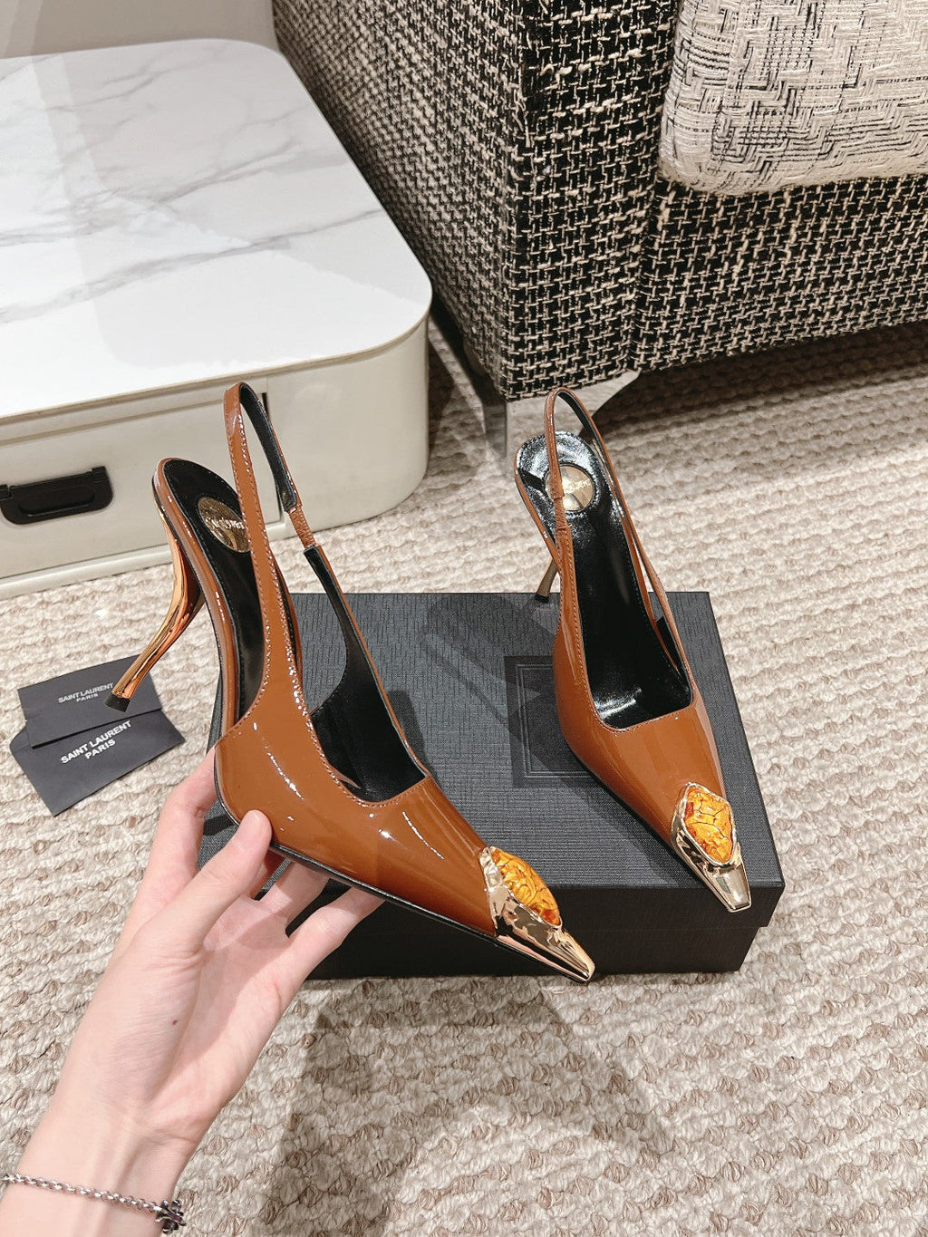 LOUIS VUITTON DUNE HIGH 10 CM SLINGBACK PUMPS IN BRONZE BROWN PATENT LEATHER WITH CRYSTAL