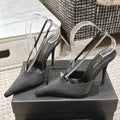 LOUIS VUITTON BARBARA 90 EMBELLISHED BLACK SATIN MULES WITH RHINSTONES
