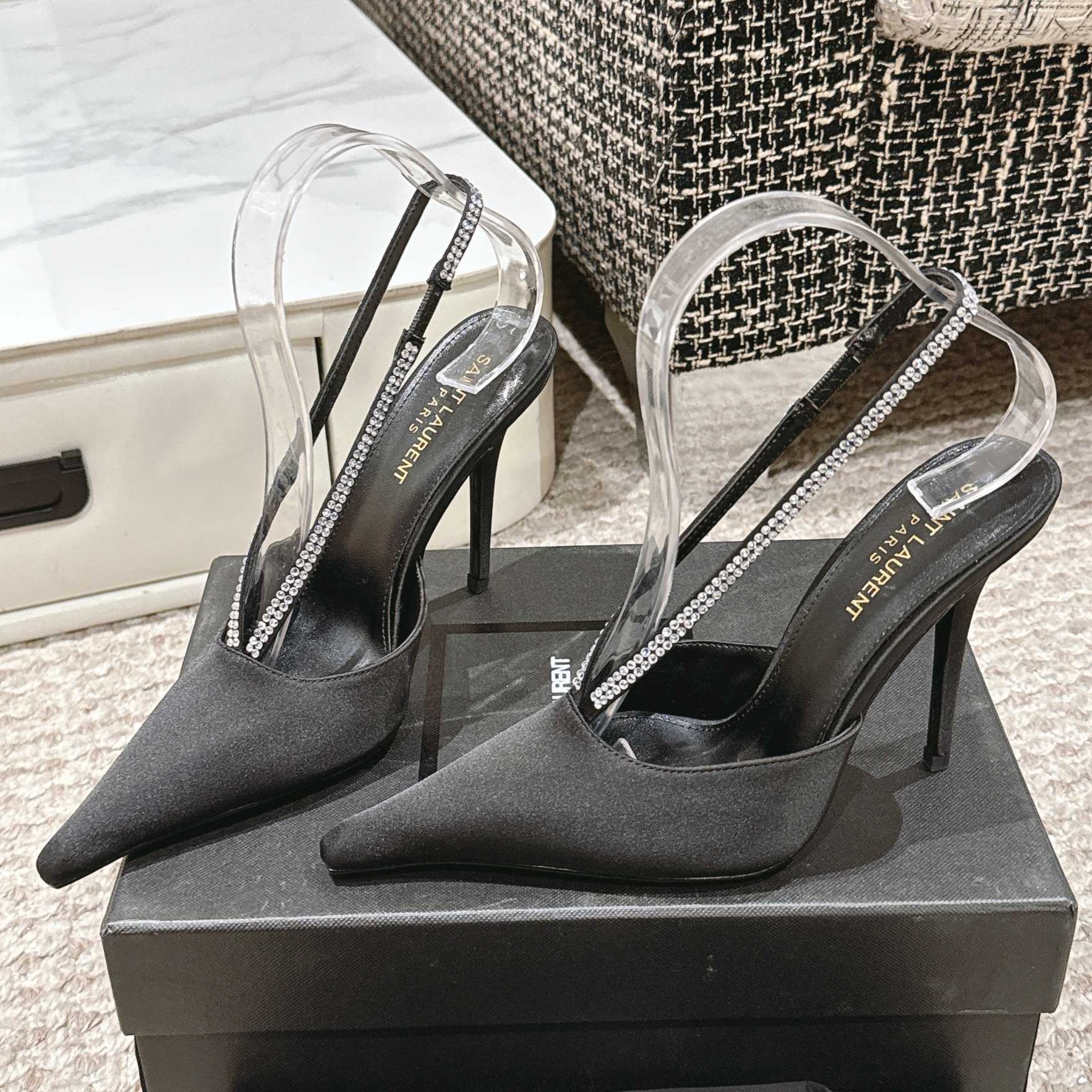 LOUIS VUITTON BARBARA 90 EMBELLISHED BLACK SATIN MULES WITH RHINSTONES