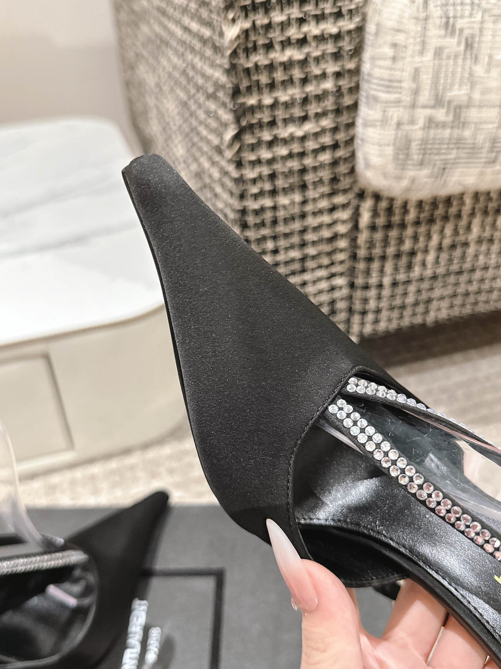 LOUIS VUITTON BARBARA 90 EMBELLISHED BLACK SATIN MULES WITH RHINSTONES