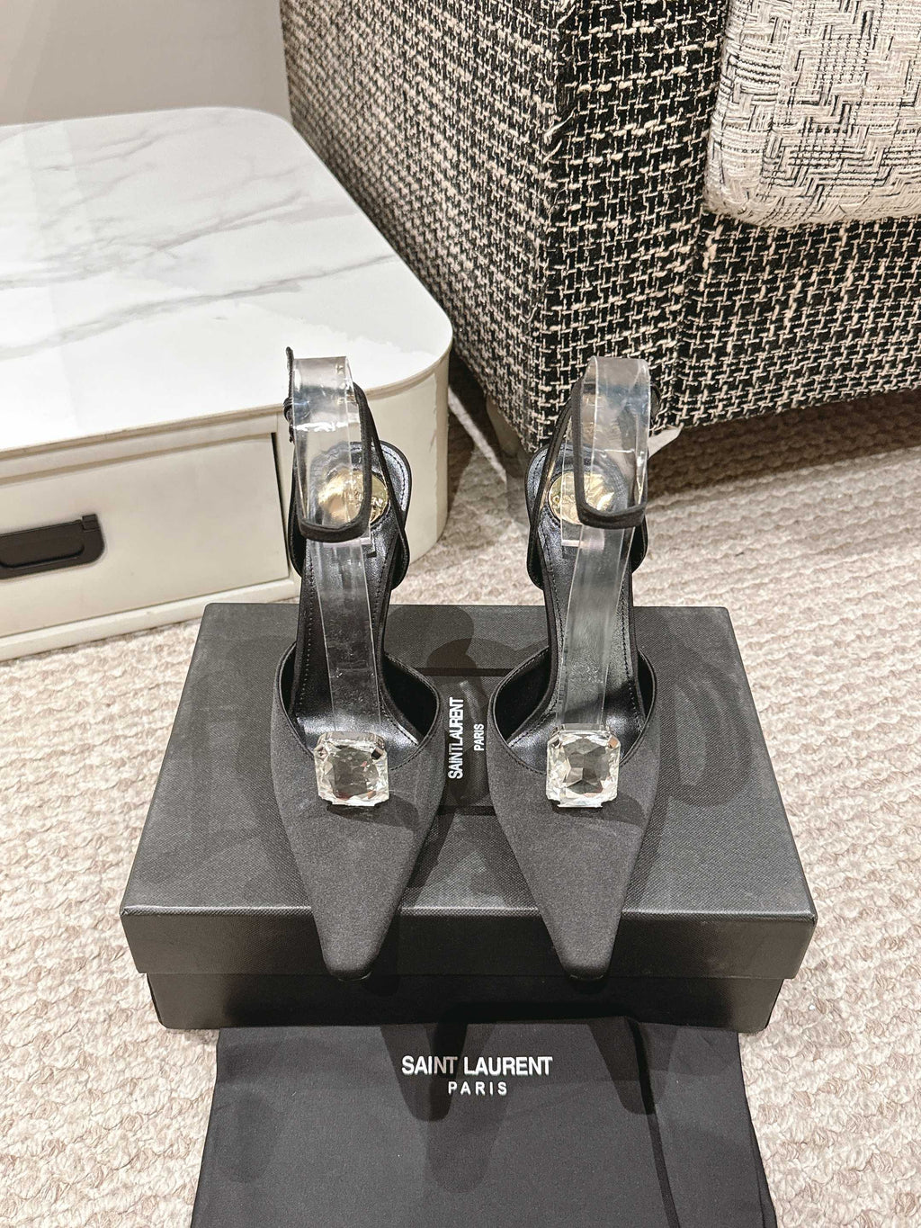 LOUIS VUITTON AIMÉE HIGH 75 MM SLINGBACK PUMPS IN BLACK SATIN WITH CRYSTAL