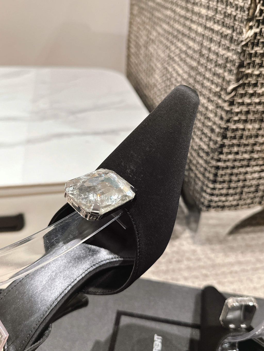 LOUIS VUITTON AIMÉE HIGH 75 MM SLINGBACK PUMPS IN BLACK SATIN WITH CRYSTAL