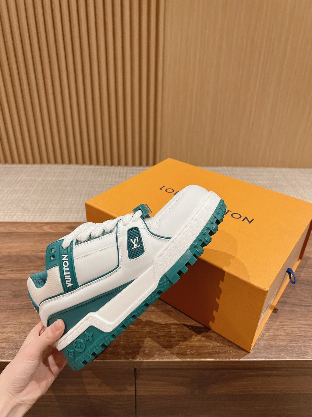 LOUIS VUITTON LV Trainer Maxi Sneaker White Mix Emerald Green Calfskin