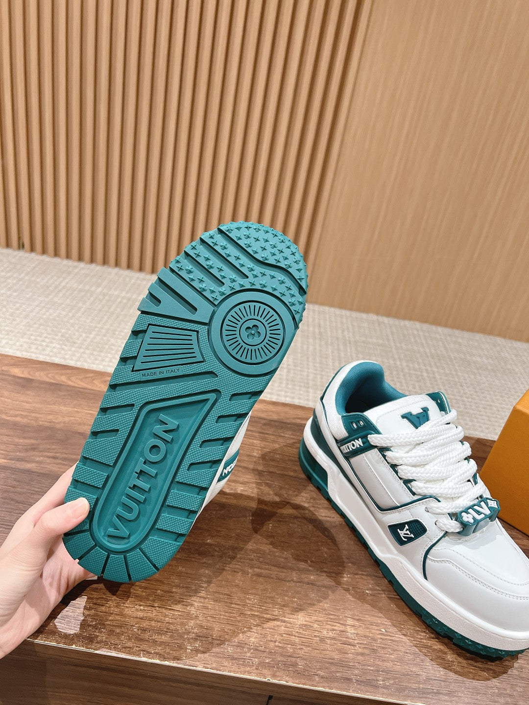 LOUIS VUITTON LV Trainer Maxi Sneaker White Mix Emerald Green Calfskin