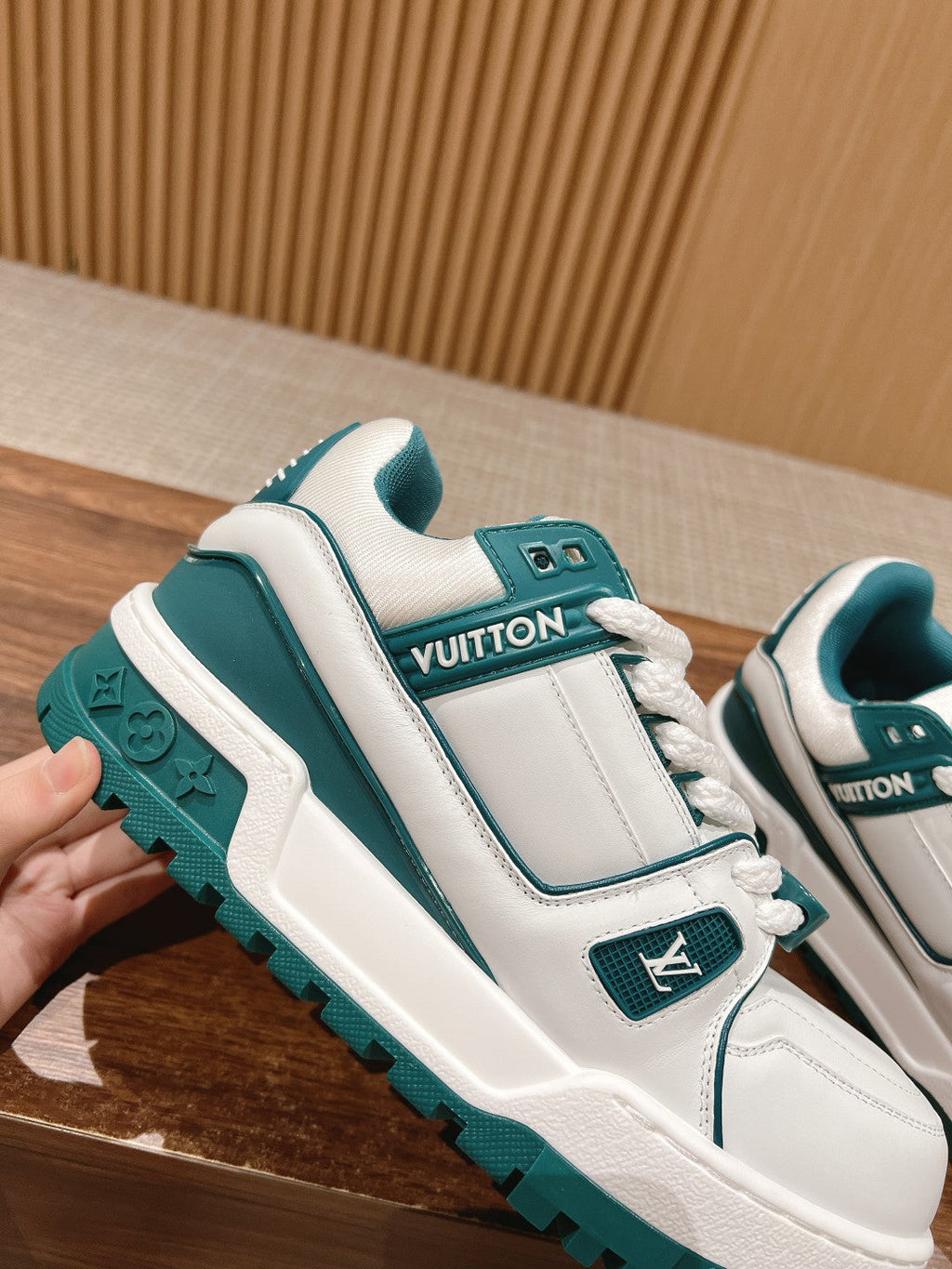 LOUIS VUITTON LV Trainer Maxi Sneaker White Mix Emerald Green Calfskin