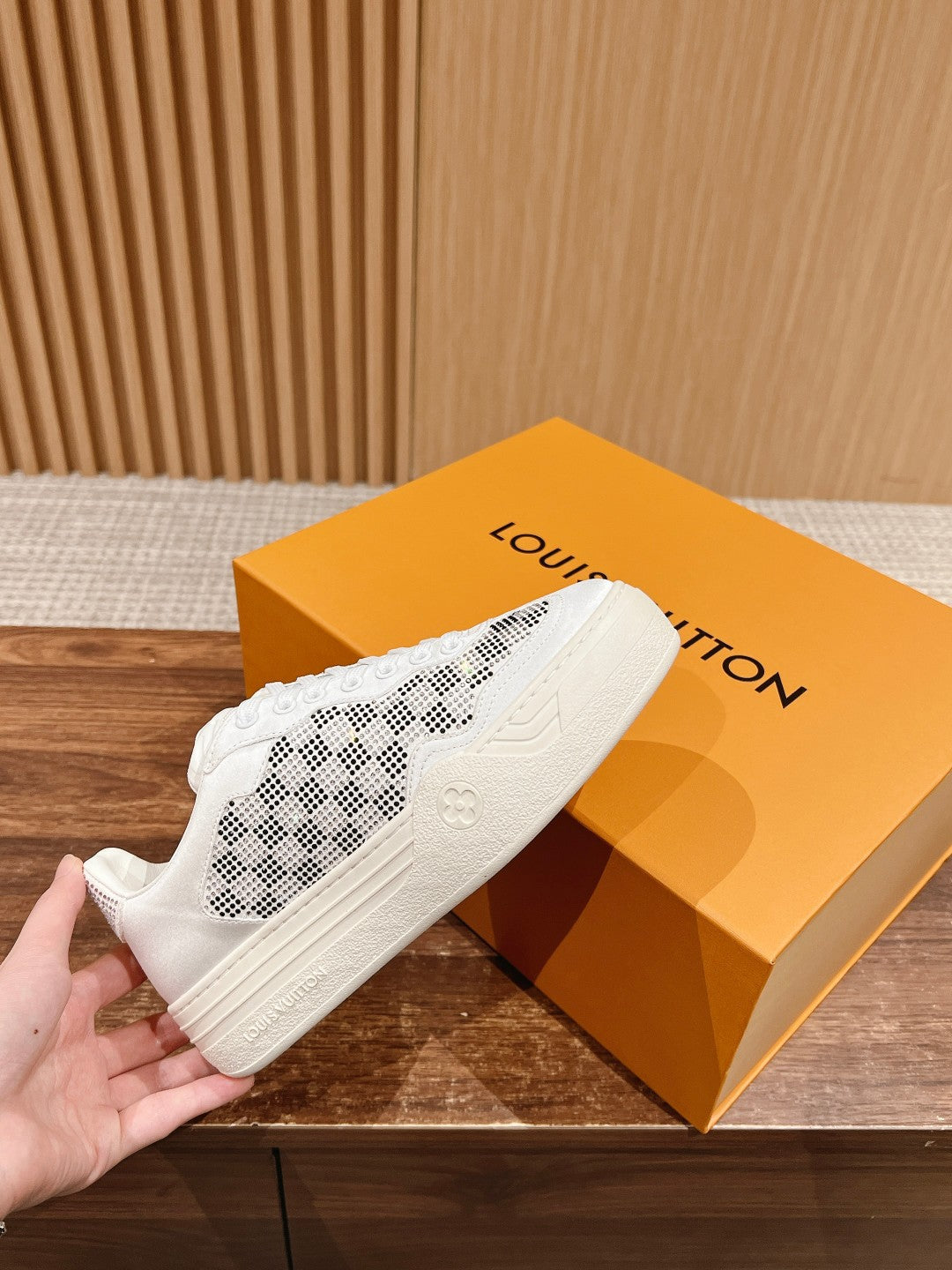 LOUIS VUITTON LV GROOVY SNEAKER IN WHITE DAMIER STRASS AND CALFSKIN