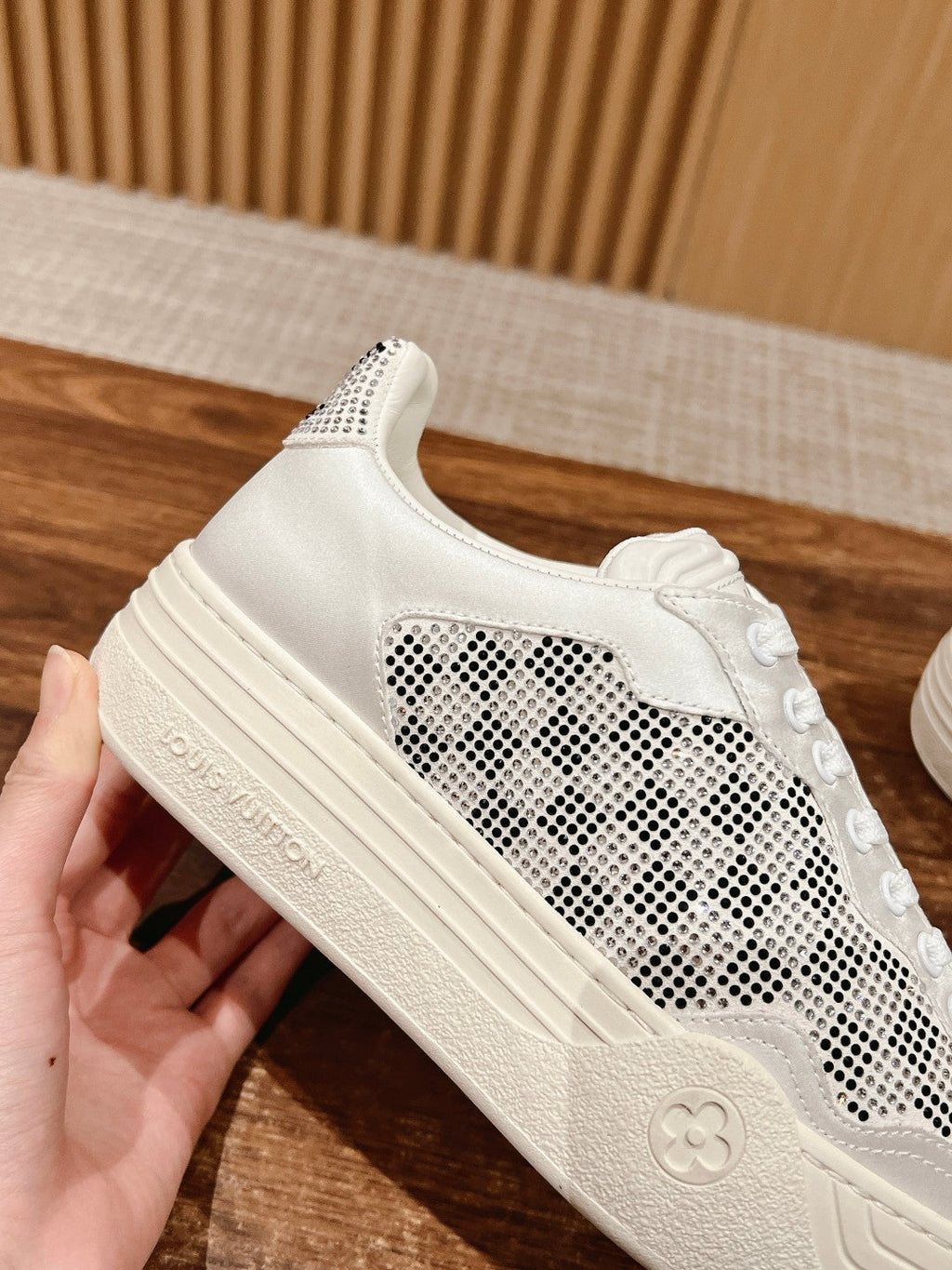 LOUIS VUITTON LV GROOVY SNEAKER IN WHITE DAMIER STRASS AND CALFSKIN