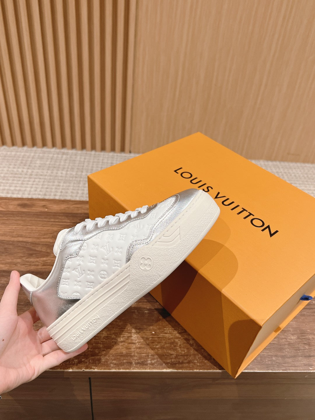 LOUIS VUITTON LV TRAINER SNEAKER IN SILVER MIX WHITE EMBOSSED CALFSKIN