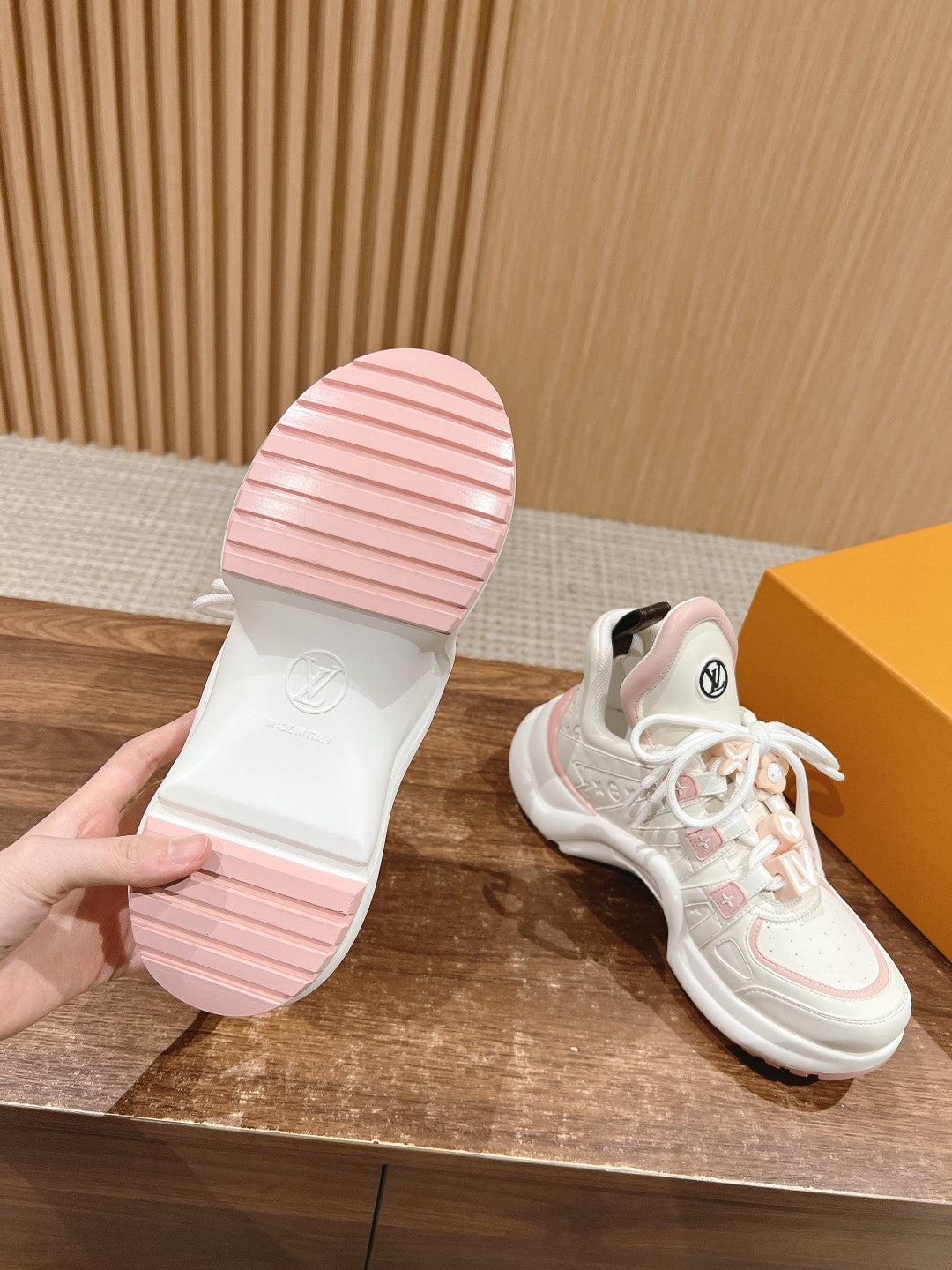 LOUIS VUITTON LV ARCHLIGHT SNEAKER IN WHITE MIX LIGHT PINK EMBOSSED CALFSKIN