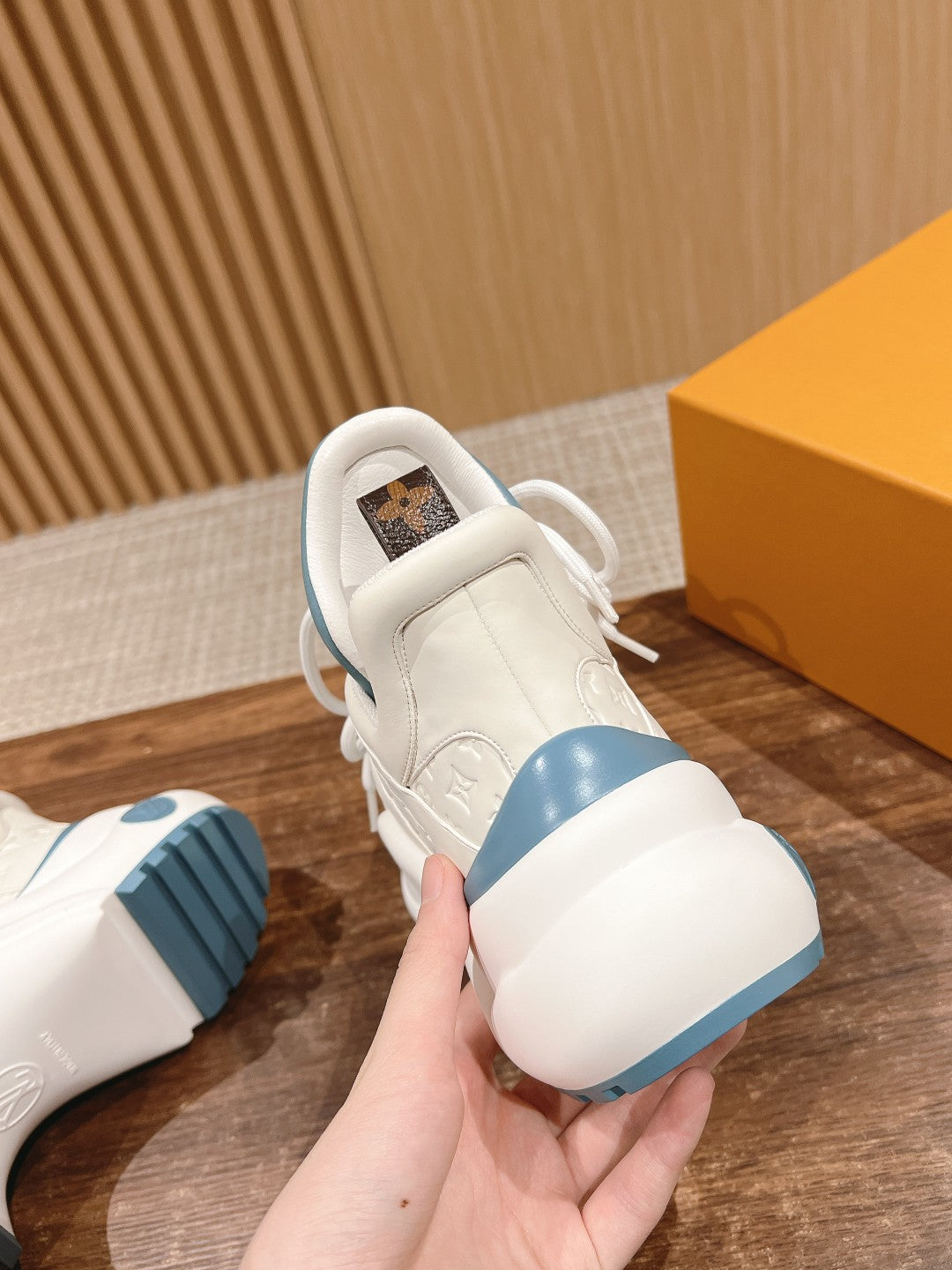 LOUIS VUITTON LV ARCHLIGHT SNEAKER IN WHITE MIX SKY BLUE EMBOSSED CALFSKIN