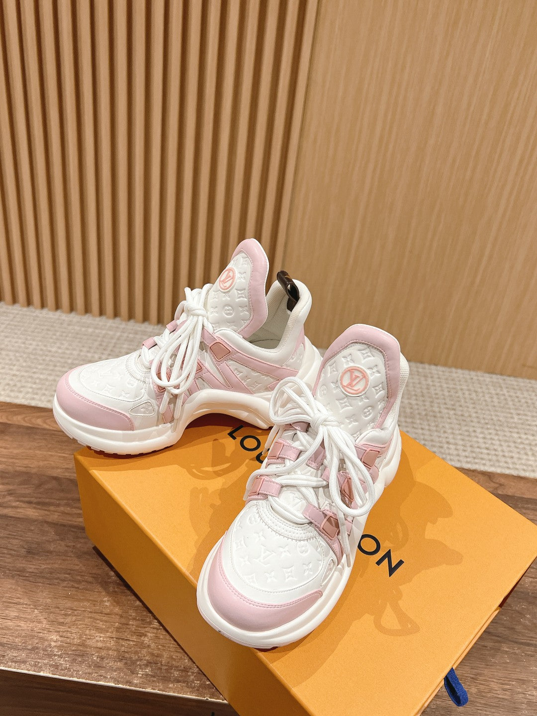 LOUIS VUITTON LV ARCHLIGHT SNEAKER IN WHITE MIX BABY PINK EMBOSSED CALFSKIN