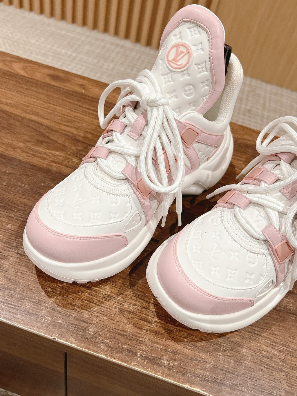 LOUIS VUITTON LV ARCHLIGHT SNEAKER IN WHITE MIX BABY PINK EMBOSSED CALFSKIN