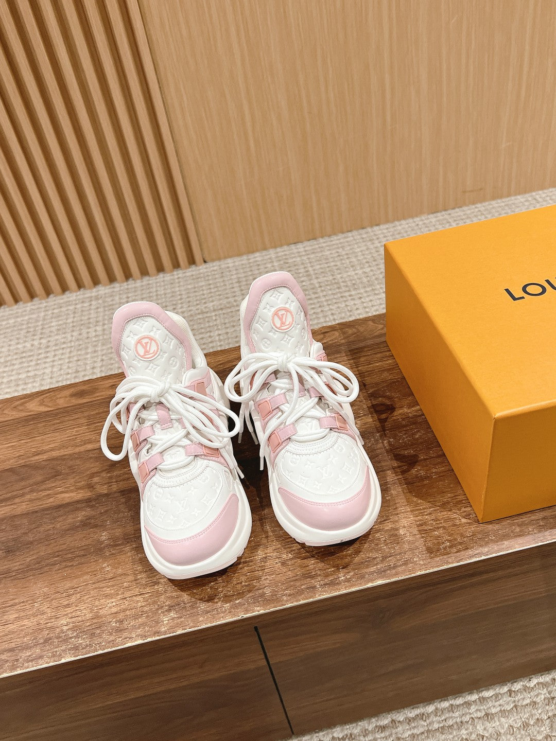 LOUIS VUITTON LV ARCHLIGHT SNEAKER IN WHITE MIX BABY PINK EMBOSSED CALFSKIN