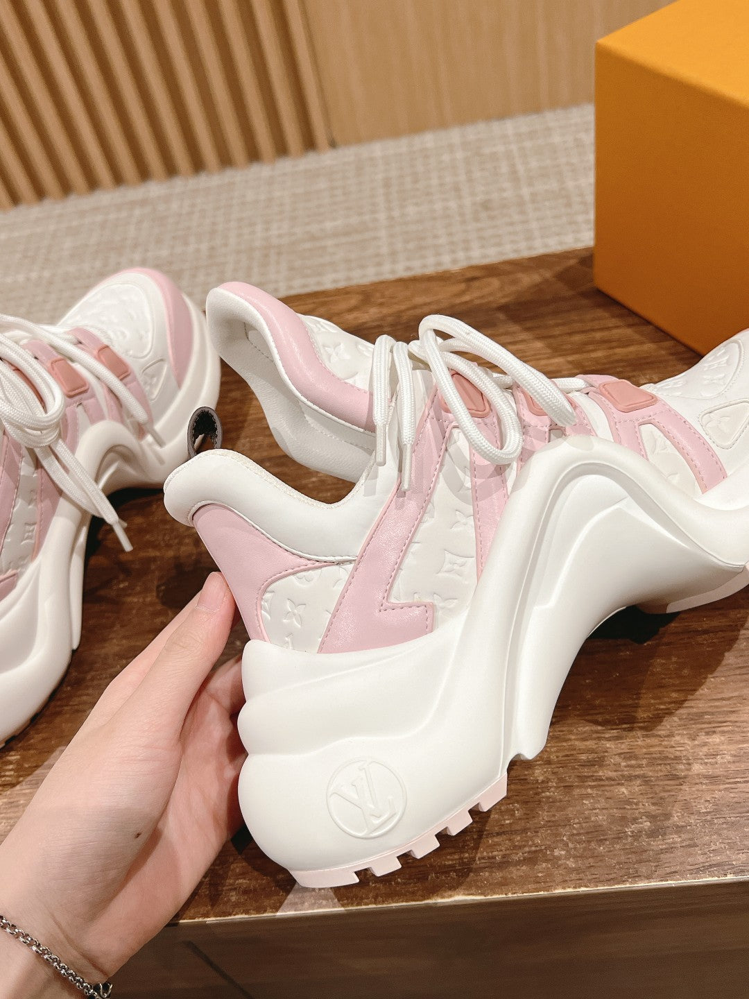 LOUIS VUITTON LV ARCHLIGHT SNEAKER IN WHITE MIX BABY PINK EMBOSSED CALFSKIN