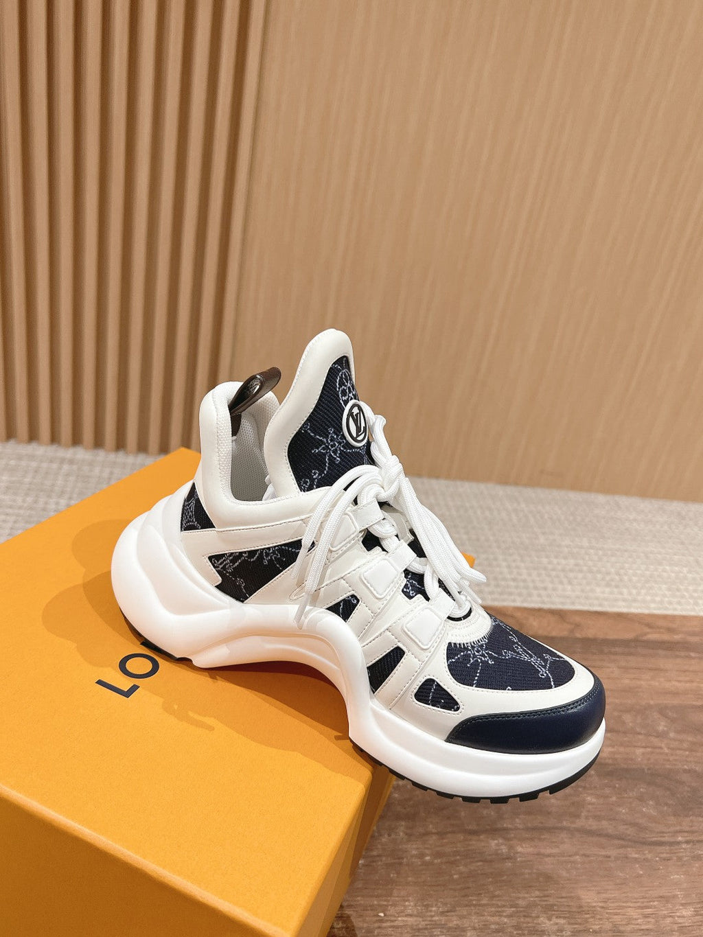 LOUIS VUITTON LV ARCHLIGHT SNEAKER IN WHITE MIX BLACK CALFSKIN AND MONOGRAM DENIM 101073
