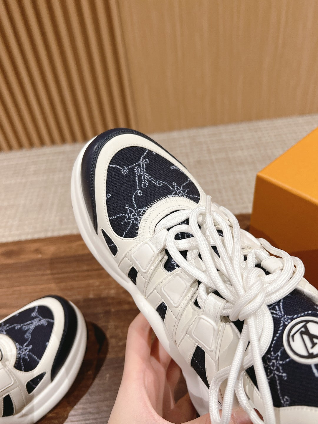 LOUIS VUITTON LV ARCHLIGHT SNEAKER IN WHITE MIX BLACK CALFSKIN AND MONOGRAM DENIM 101073