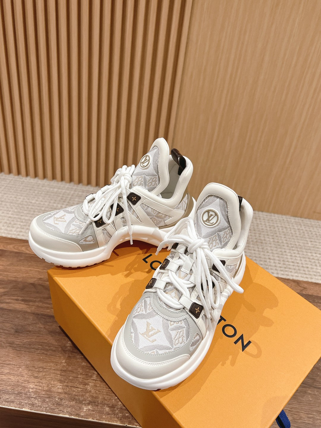 LOUIS VUITTON LV ARCHLIGHT SNEAKER IN WHITE MIX PALE GRAY CALFSKIN AND MONOGRAM DENIM