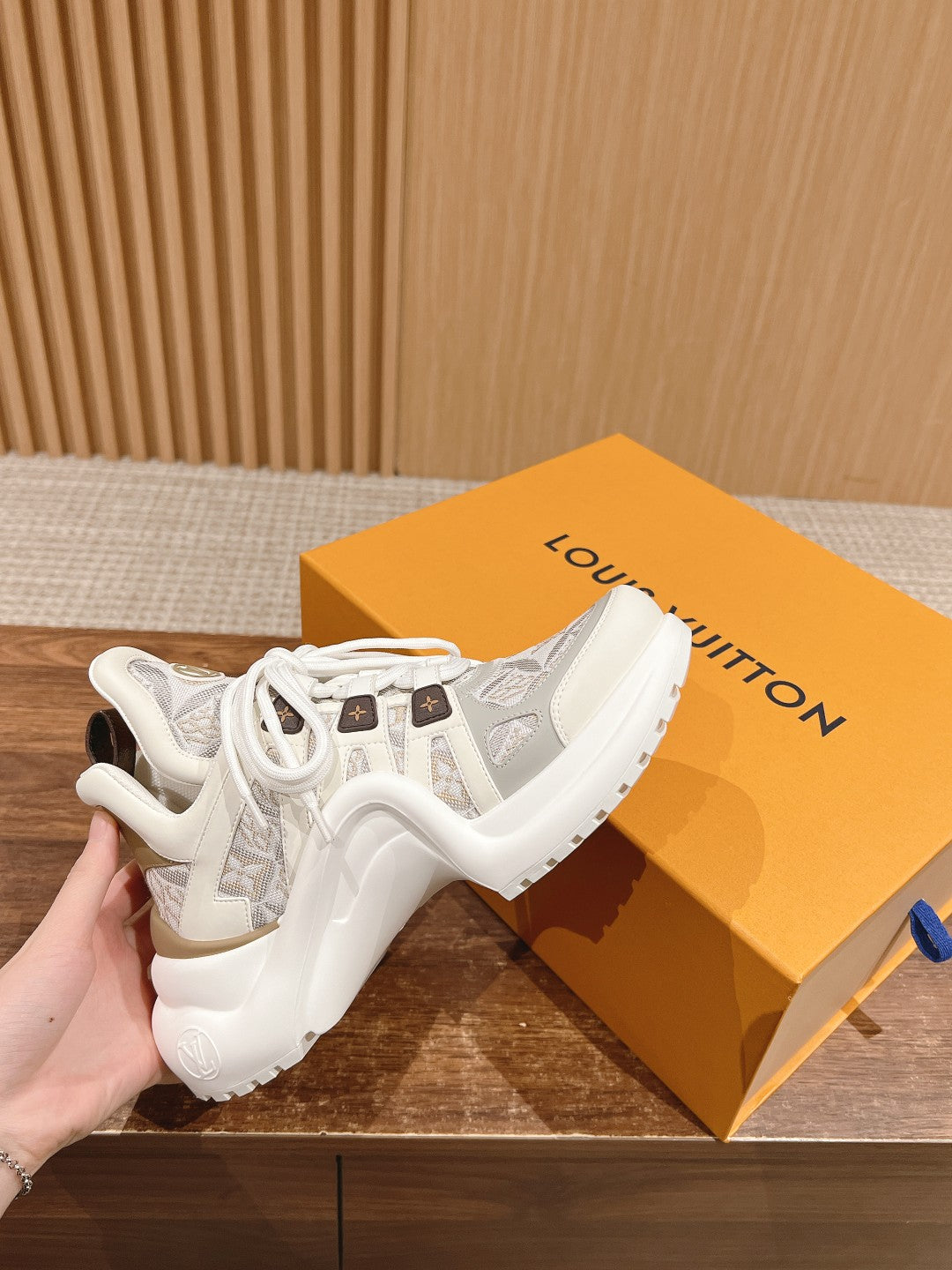 LOUIS VUITTON LV ARCHLIGHT SNEAKER IN WHITE MIX PALE GRAY CALFSKIN AND MONOGRAM DENIM