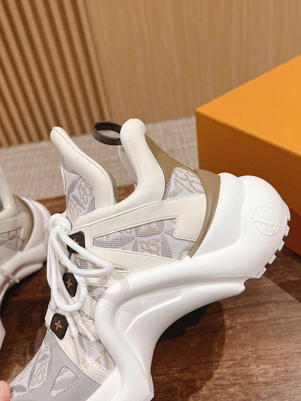 LOUIS VUITTON LV ARCHLIGHT SNEAKER IN WHITE MIX PALE GRAY CALFSKIN AND MONOGRAM DENIM