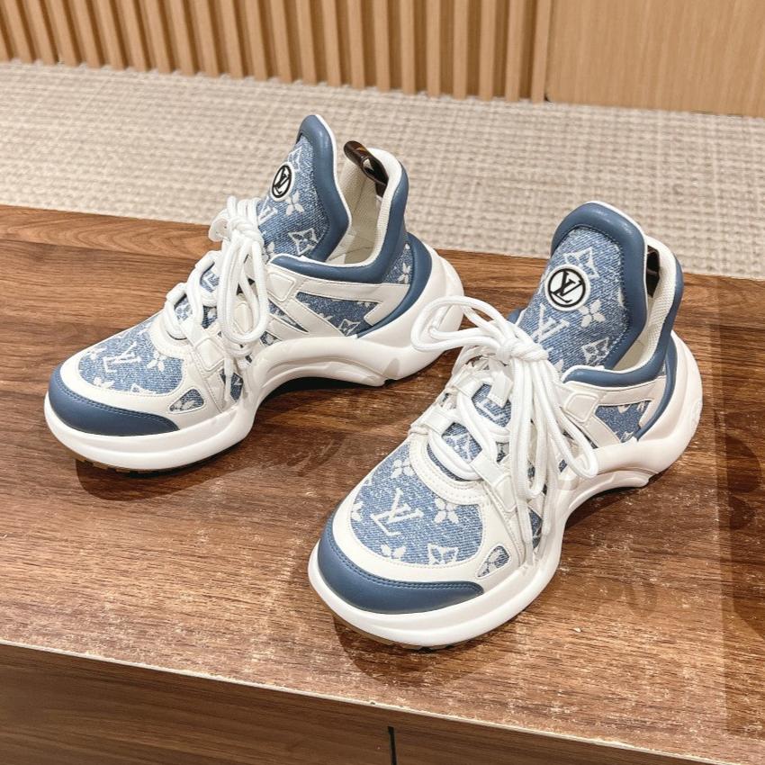 LOUIS VUITTON LV ARCHLIGHT SNEAKER IN WHITE MIX AEGEAN BLUE CALFSKIN AND MONOGRAM DENIM