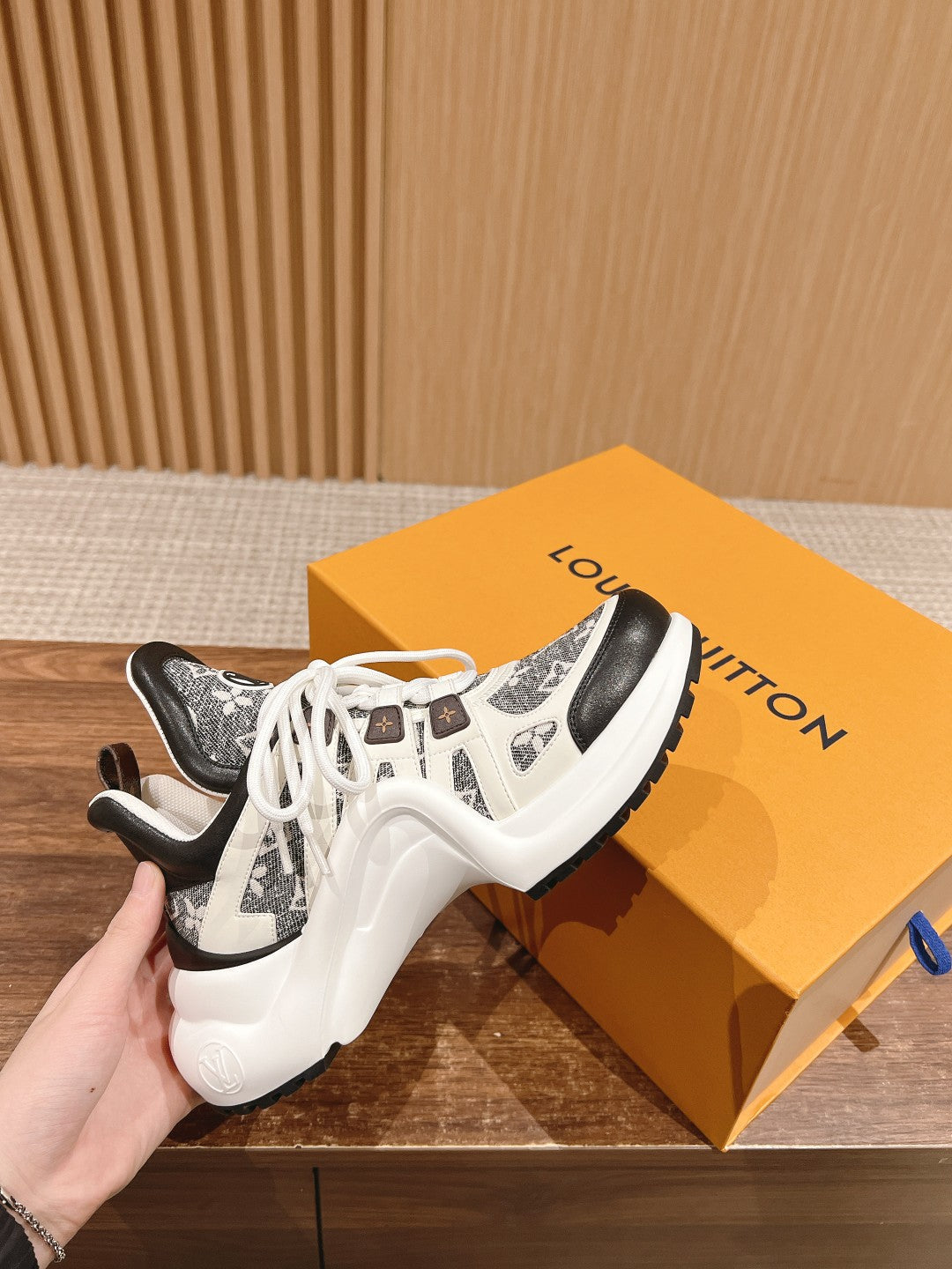 LOUIS VUITTON LV ARCHLIGHT SNEAKER IN WHITE MIX BLACK CALFSKIN AND MONOGRAM DENIM