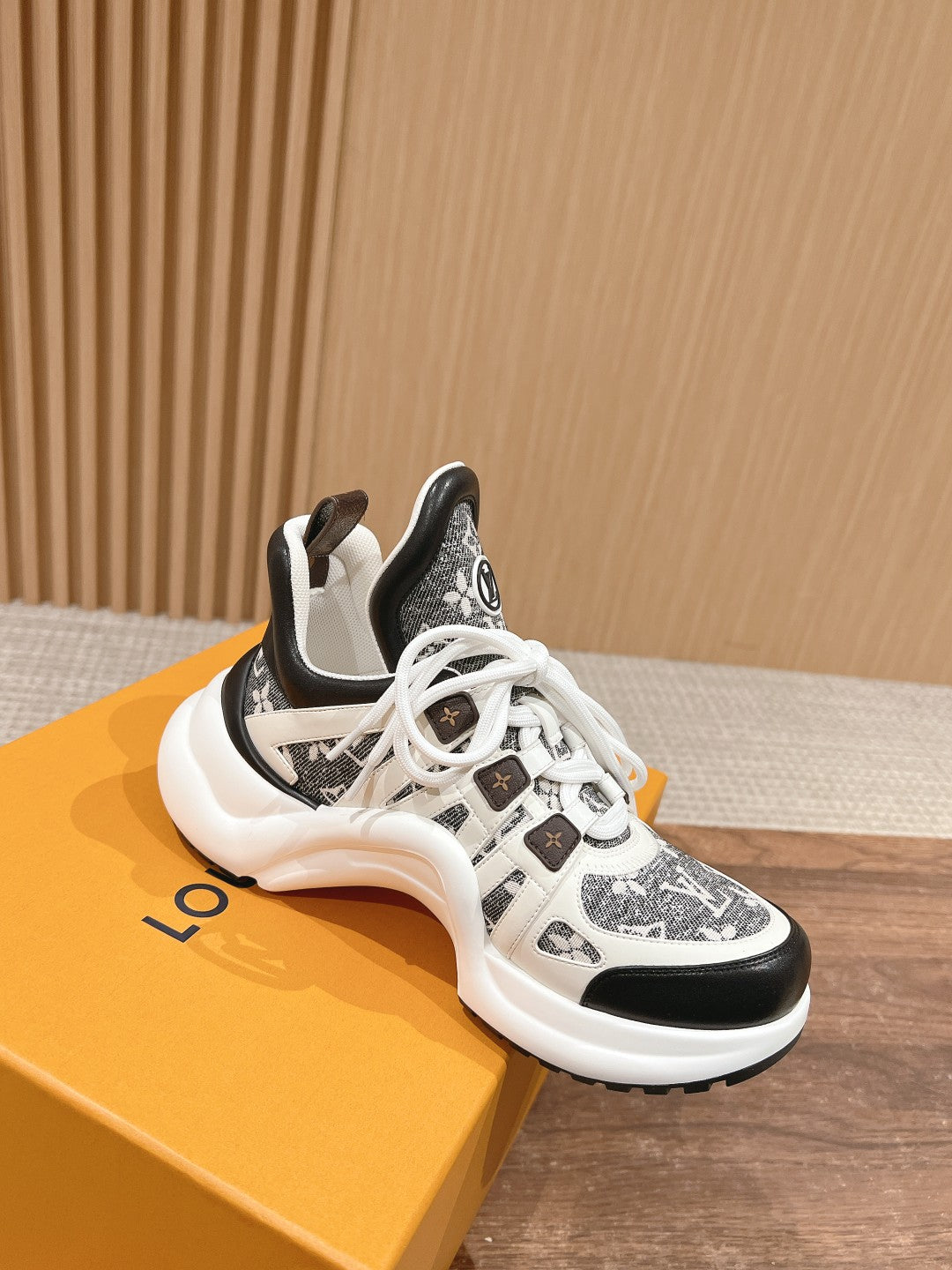 LOUIS VUITTON LV ARCHLIGHT SNEAKER IN WHITE MIX BLACK CALFSKIN AND MONOGRAM DENIM