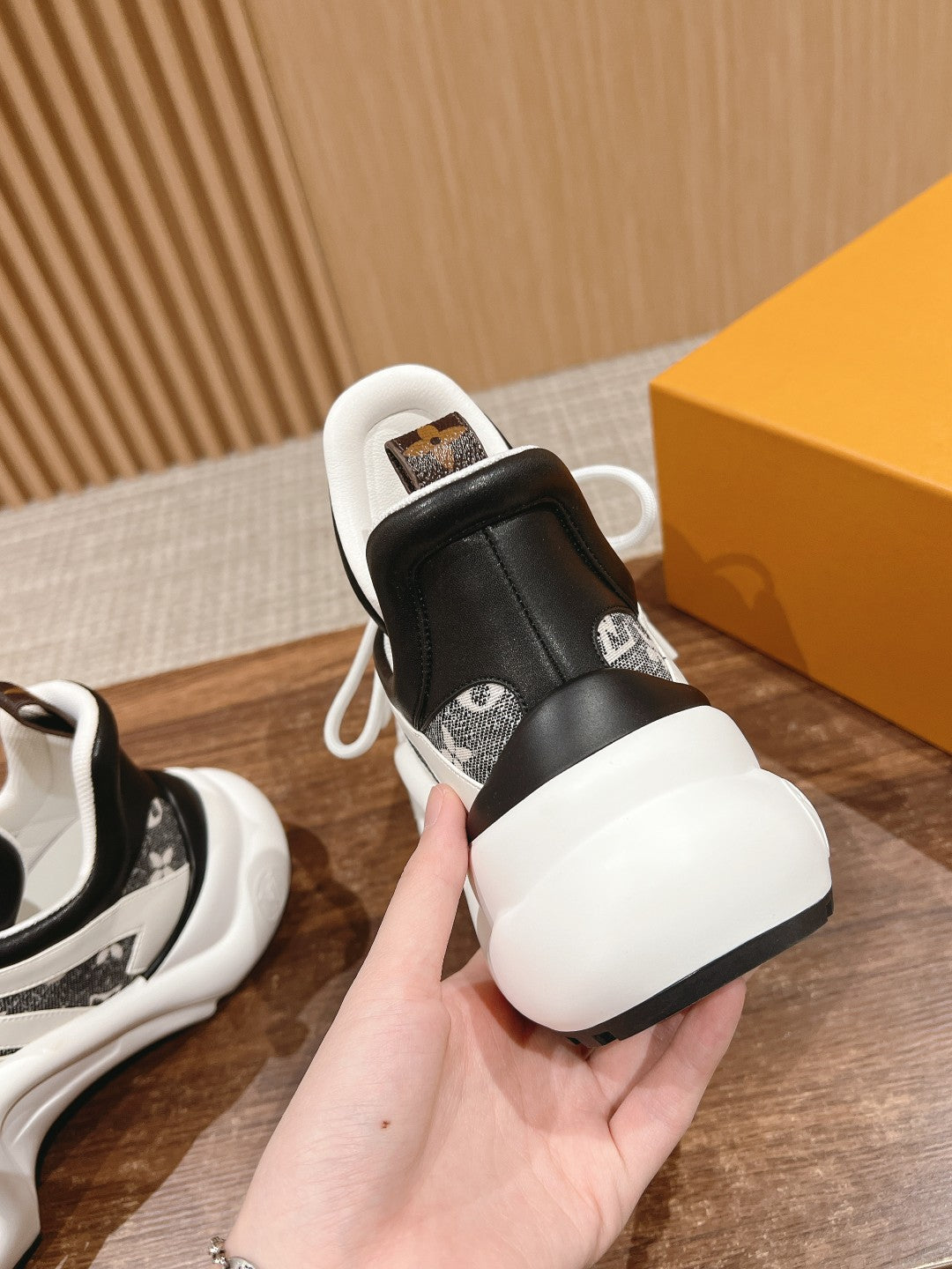 LOUIS VUITTON LV ARCHLIGHT SNEAKER IN WHITE MIX BLACK CALFSKIN AND MONOGRAM DENIM