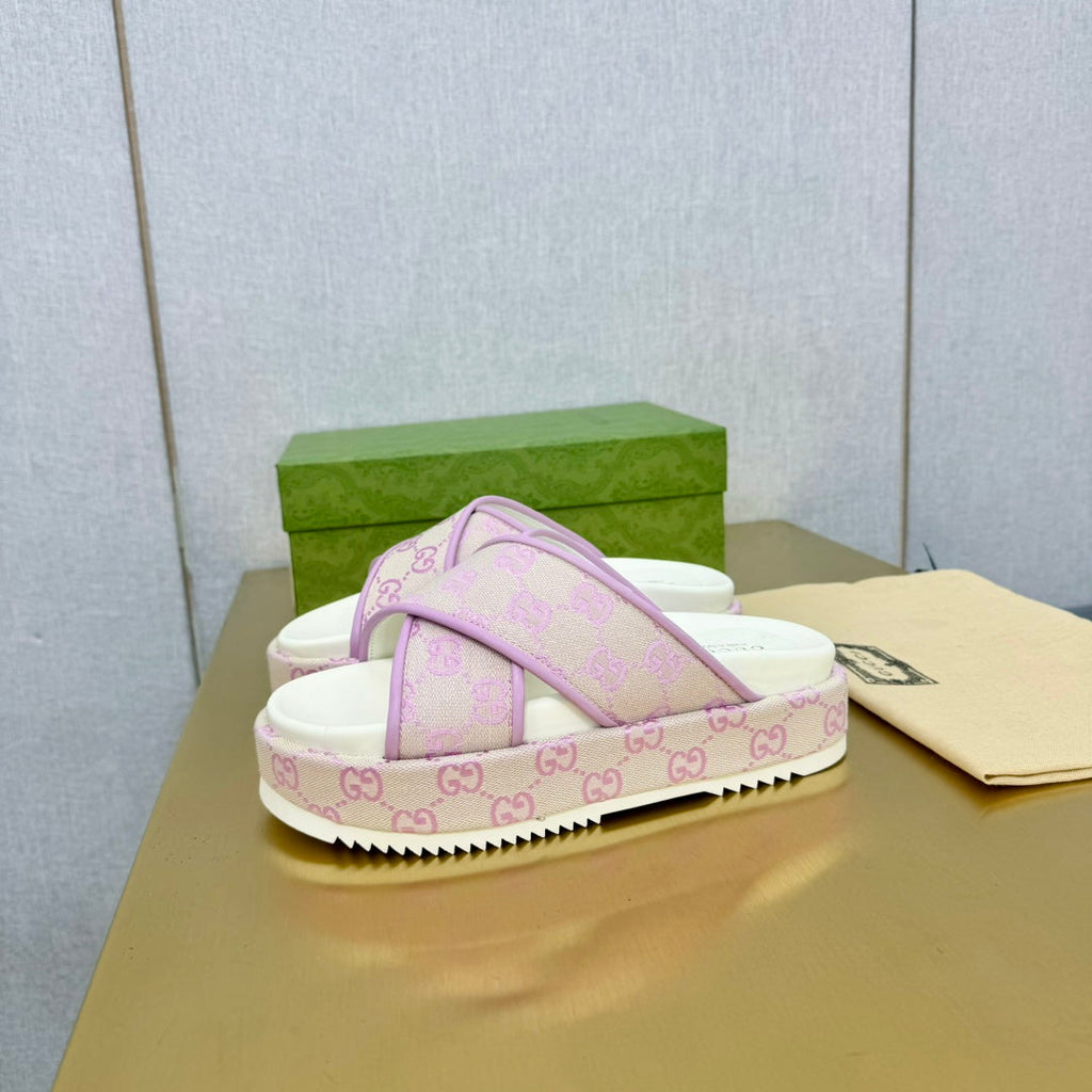 GUCCI SLIDE SANDAL PASTEL PINK CANVAS CROSS STRAPS