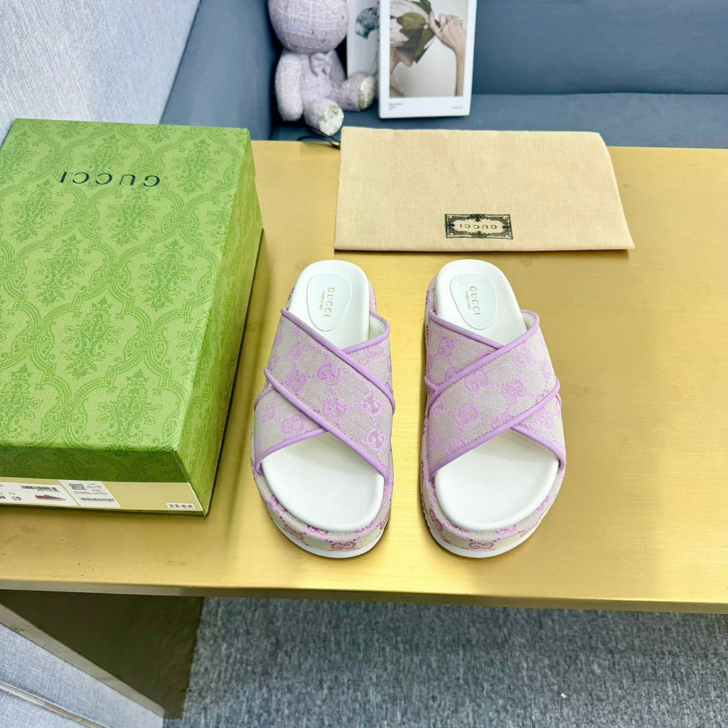GUCCI SLIDE SANDAL PASTEL PINK CANVAS CROSS STRAPS