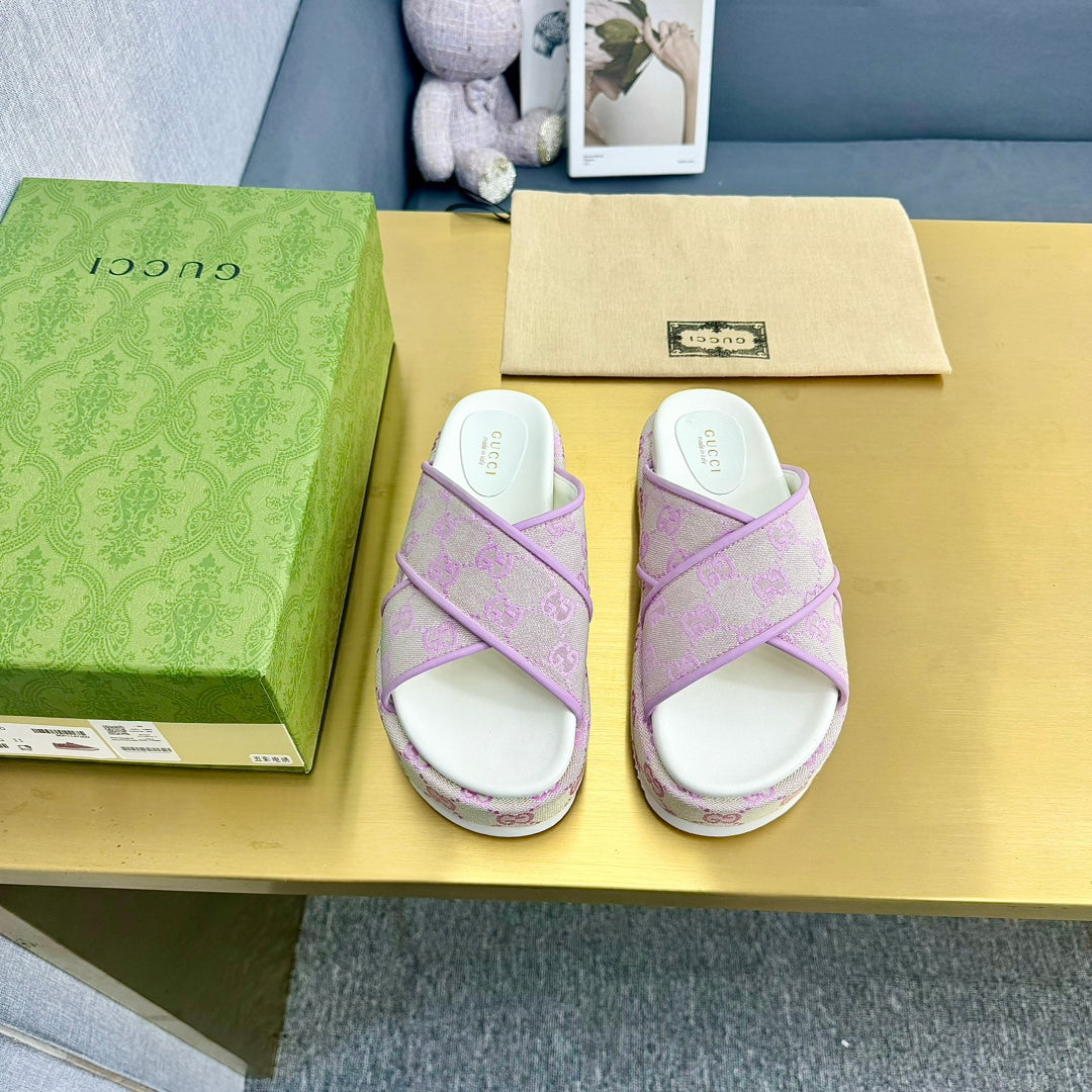 GUCCI SLIDE SANDAL PASTEL PINK CANVAS CROSS STRAPS