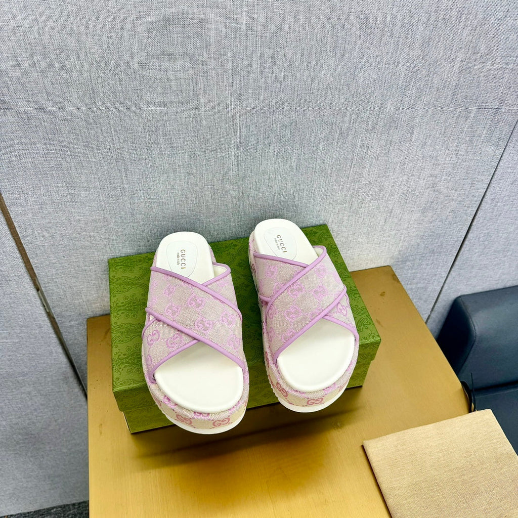 GUCCI SLIDE SANDAL PASTEL PINK CANVAS CROSS STRAPS