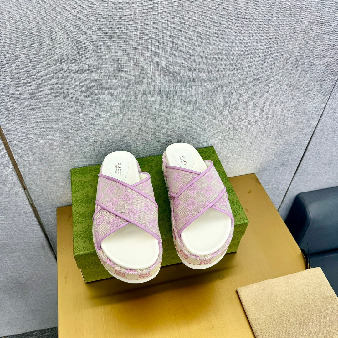 GUCCI SLIDE SANDAL PASTEL PINK CANVAS CROSS STRAPS