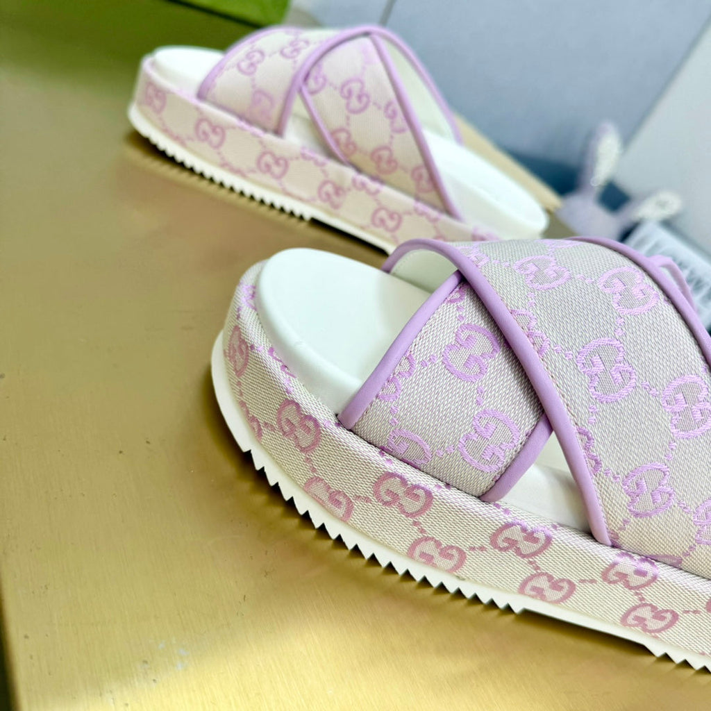 GUCCI SLIDE SANDAL PASTEL PINK CANVAS CROSS STRAPS