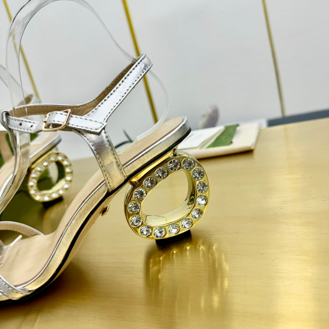 GUCCI MEDIUM-HEEL SANDAL IN SILVER CALFSKIN GOLD HARDWARE WITH RHINSTONES